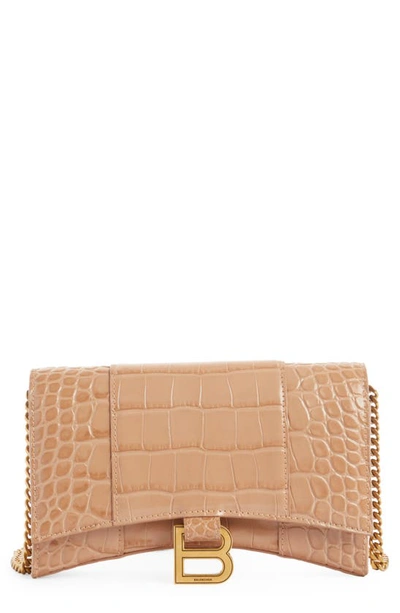 Balenciaga Hourglass Leather Wallet On A Chain In Nude Beige