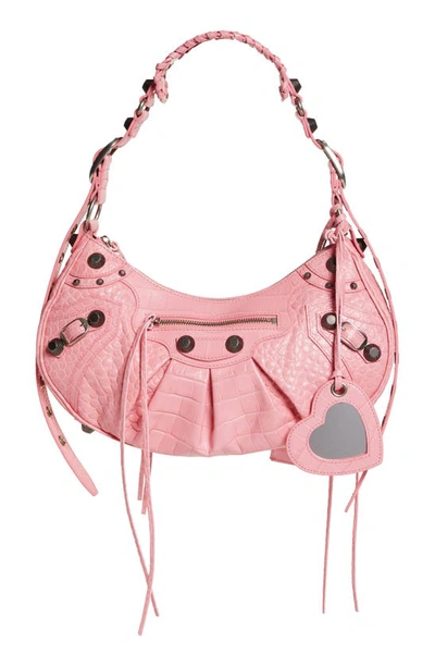 Balenciaga Le Cagole Small Metallic Croc Embossed Leather Shoulder Bag In Sweet Pink