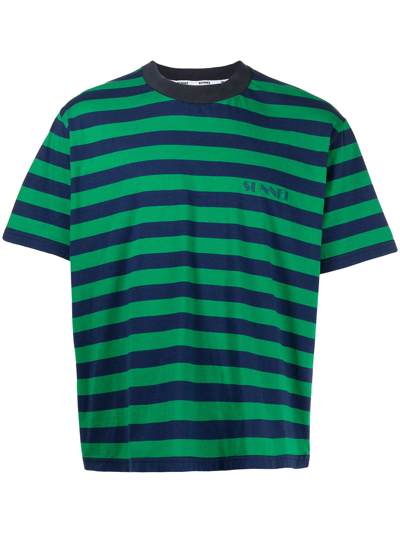 Sunnei Green/navy Logo-print Crewneck T-shirt In ["blue"/ "green"/ "multicolor"]