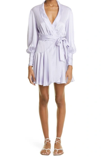 Zimmermann Ruffled Silk-satin Mini Wrap Dress In Pink & Purple