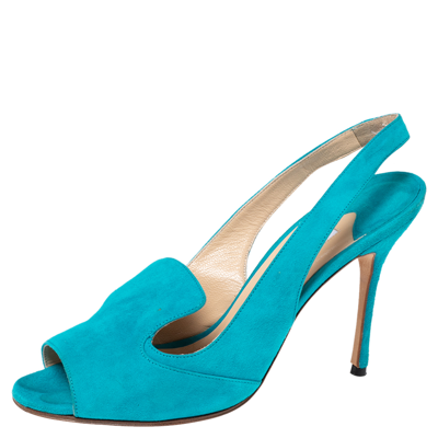 Pre-owned Manolo Blahnik Aqua Blue Suede Slingback Peep-toe Sandals Size 37