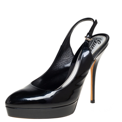 Pre-owned Gucci Black Patent Leather Slingback Platform Sandals Size 37.5