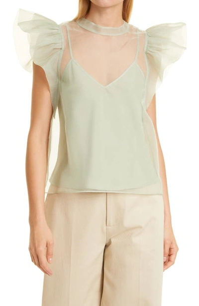 Jonathan Simkhai Corina Organza Ruffle Sleeve Top In Marsh