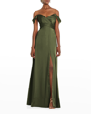 Dessy Collection Off-the-shoulder Flounce Sleeve Empire Waist Gown With Front Slit In Olive Green