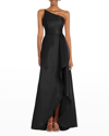 Alfred Sung Draped-front One-shoulder Satin Gown In Black