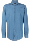 Fay French Collar Shirt In Stone-washed Denim In Denim