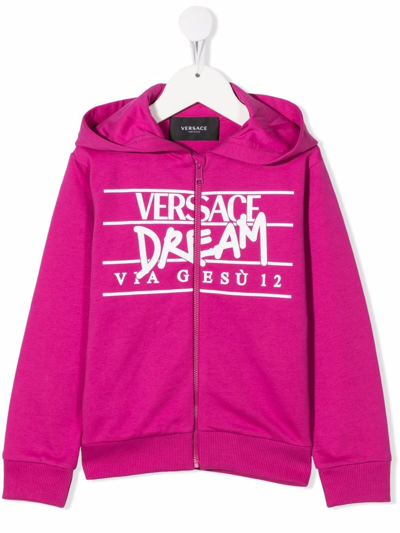 Versace Kids Purple Dream Logo Zip-up Hoodie In Pink