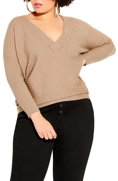 City Chic V-neck Rib Knit Top In Taupe