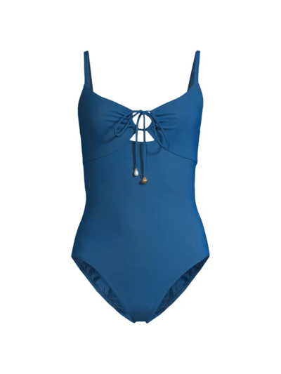 Tory Burch Ruched Tie-front One-piece Swimsuit In Blue