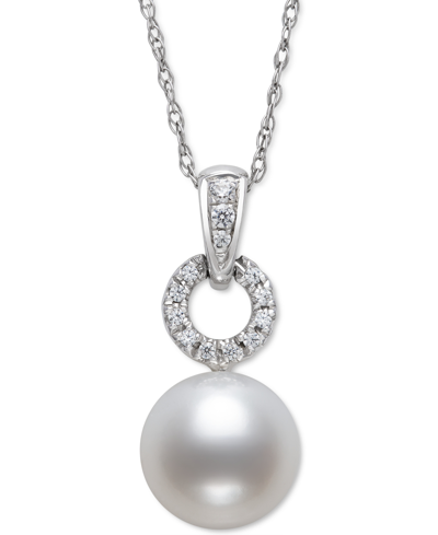 Belle De Mer Cultured Freshwater Pearl (7mm) & Diamond (1/20 Ct. T.w.) Circle 18" Pendant Necklace I In White Gold