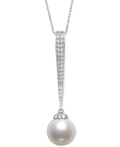 Belle De Mer Cultured Freshwater Pearl (9mm) & Diamond (1/5 Ct. T.w.) Pave Elongated 18" Pendant Necklace In 14k In White Gold