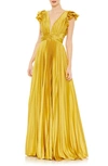 Ieena For Mac Duggal Pleated Ruffled Cap Sleeve Cut Out Lace Up Gown In Chartreuse