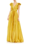 Mac Duggal Pleated Ruffled Cap Sleeve Cut Out Lace Up Gown In Chartreuse