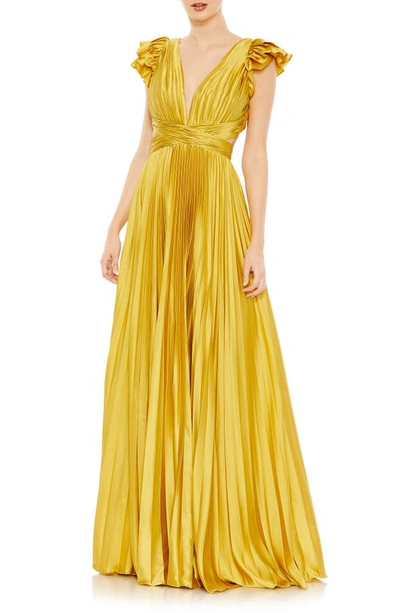 Mac Duggal Pleated Ruffled Cap Sleeve Cut Out Lace Up Gown In Chartreuse