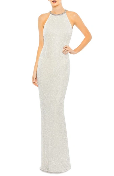 Mac Duggal Sequin Sheath Gown In White