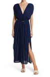 Boho Me V-neck Front Tie Cover-up Maxi Dress In Navy