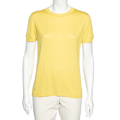 Pre-owned Roberto Cavalli Yellow Silk Knit Cut-out Pattern Detailed Top M