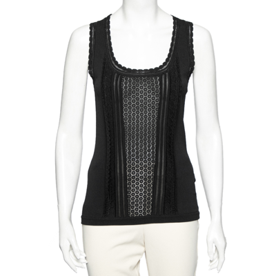 Pre-owned Roberto Cavalli Black Jersey & Guipure Lace Paneled Sleeveless Top M