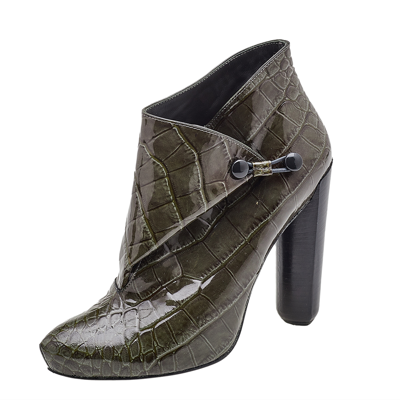 Pre-owned Louis Vuitton Olive Green Croc Embossed Patent Leather Ankle Booties Size 37.5