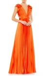 Mac Duggal Pleated Ruffled Cap Sleeve Cut Out Lace Up Gown In Sunset