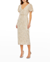 Mac Duggal Sequined V Neck Flutter Sleeve Tea Length Dress In Oyster