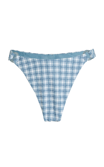 Jonathan Simkhai Francesca Seersucker Plaid Low-rise Bikini Bottoms In Adriatic