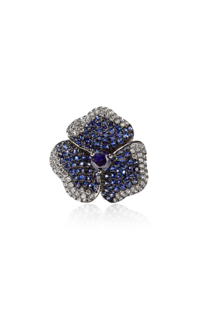 As29 'bloom' Diamond Sapphire 18k White Gold Medium Flower Ring In Blue