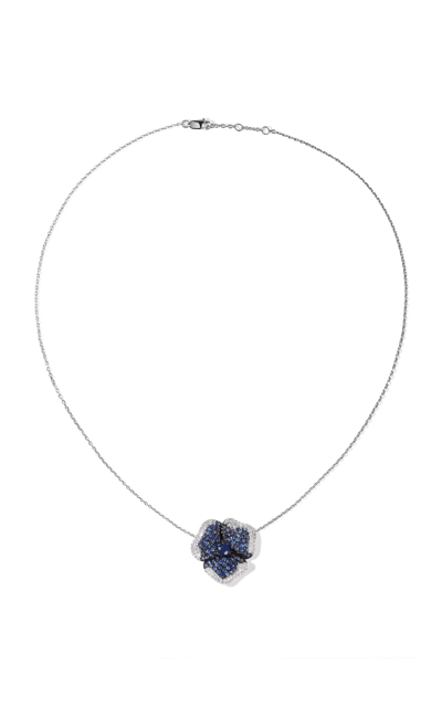 As29 ‘bloom' Diamond Sapphire 18k White Gold Medium Flower Necklace In Blue