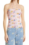 Ganni Floral-pattern Recycled Polyamide-blend Top In Light Lilac