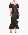 MARCHESA NOTTE SIDE-RUFFLE OFF-SHOULDER GOWN