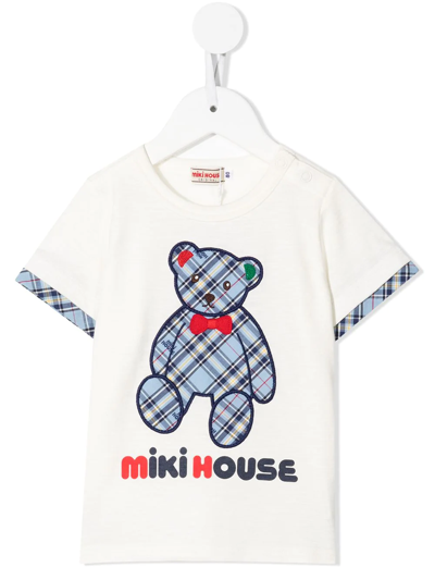 Miki House Kids' Bear Appliqué Cotton T-shirt In White