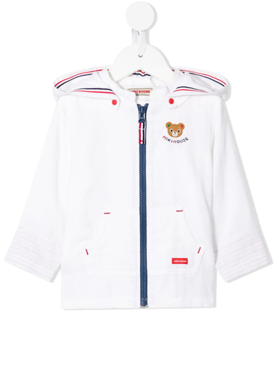 Miki House Kids' Bear Appliqué Zip-front Hoodie In White