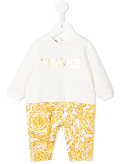 Versace Babies' Logo-print Barocco-print Bodysuit In White Gold