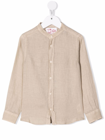 Mc2 Saint Barth Teen Band-collar Linen Shirt In Neutrals