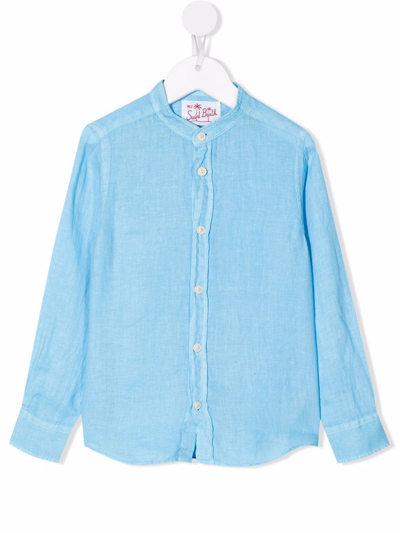 Mc2 Saint Barth Kids' Collarless Linen Shirt In Blue