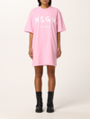 Msgm Cotton T-shirt Dress With Logo Print In Pink