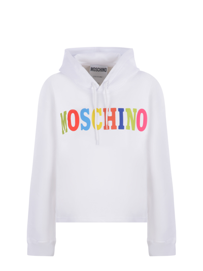 Moschino Flocked-logo Organic Cotton Hoodie In White