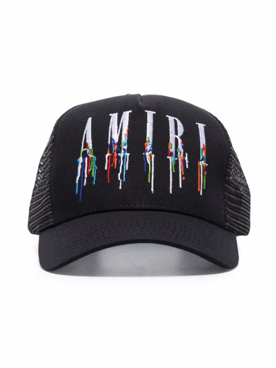 Amiri Paint Drip Embroidered Logo Trucker Hat In Black