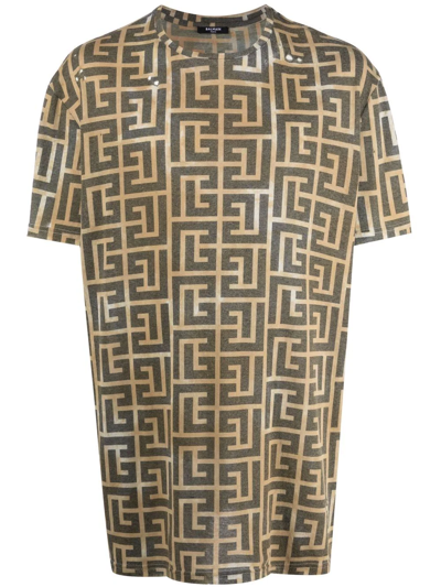 Balmain Monogram-print Short-sleeved T-shirt In Green