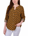 Ny Collection Plus Size 3/4 Sleeve Roll Tab Y-neck Blouse Top In Golden Yellow/black Lines Icon