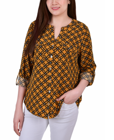 Ny Collection Plus Size 3/4 Sleeve Roll Tab Y-neck Blouse Top In Golden-tone Yellow,black Lines Icon