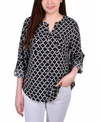 Ny Collection Plus Size 3/4 Sleeve Roll Tab Y Neck Blouse In Black/white Fleur De Lis