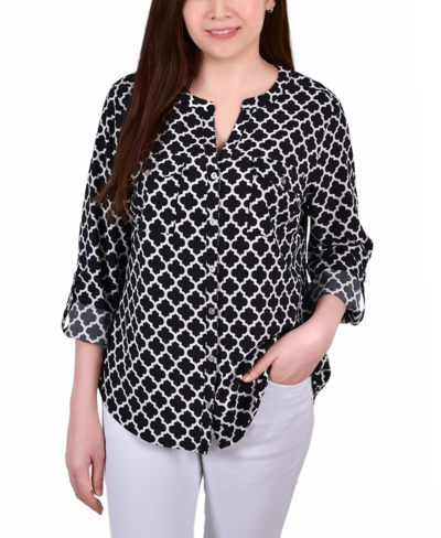 Ny Collection Petite Tab Y Neck Blouse In Black,white Fleur De Lis