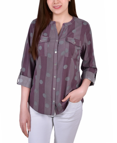 Ny Collection Petite Tab Y Neck Blouse In Lilas Ground,black Lines