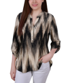 Ny Collection Women's 3/4 Roll Tab Sleeve Y-neck Top In Khaki Chev