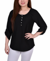 Ny Collection Plus Size 3/4 Sleeve Honeycomb Henley Top In Black