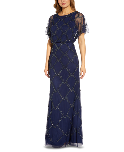 Adrianna Papell Petite Beaded Evening Gown In Light Navy