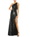 Mac Duggal Sequin One-shoulder Long Sleeve Column Gown In Black