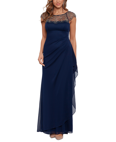 Xscape Beaded Ruffled Dress In Blue