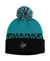 ADIDAS ORIGINALS MEN'S BLACK, TEAL SAN JOSE SHARKS COLD. RDY CUFFED KNIT HAT WITH POM